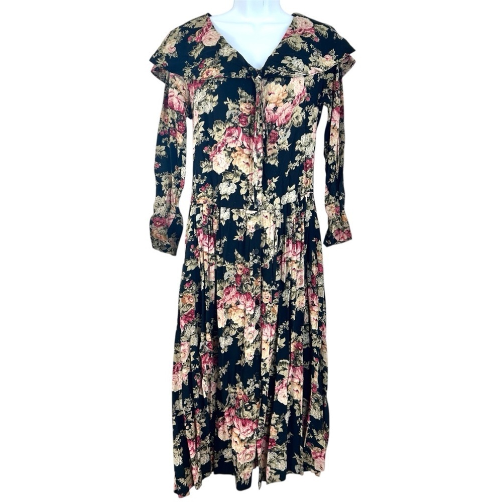 Vintage 90s Cottagecore Dark Floral Sailor Collar Midi Dress Size 7/8